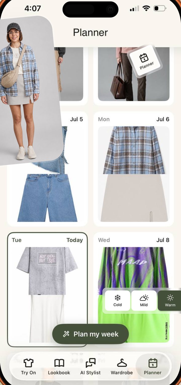 Lookora outfit planner laying out looks across the week with the local weather.